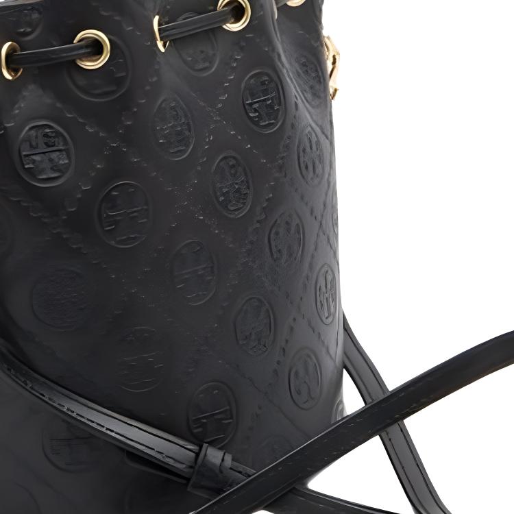 Tory Burch T Monogram Letter Pattern Leather Bucket Bag Mini Women Bags Black 158530-001