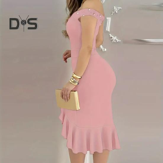 Evening Dress Off Shoulder Sheath Sleeveless Irregular Ruffle Hem Slim Fit Solid Color Faux Pearl Decor Midi Dress for Party Prom Wedding