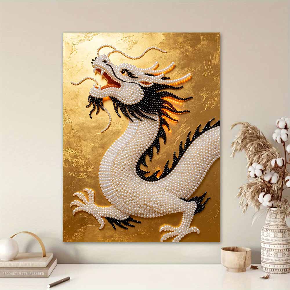 DIY Pearl Gem Golden Chinese Dragon Shining Bead Craft Art Home Wall Ornament Simple Unframed Room Decoration Art Modern Exquisite Wall Decor