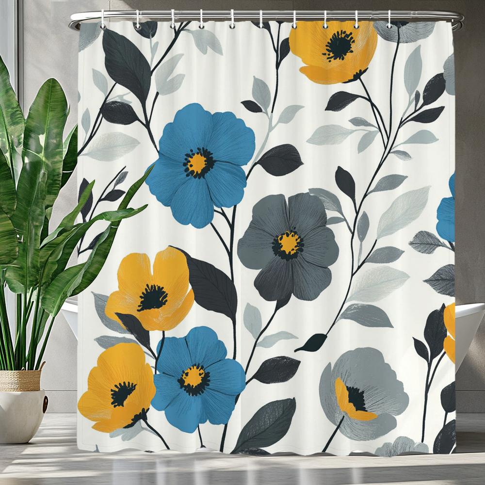 1pc Beautiful Blue Flowers Shower Curtain, Bathroom Decorative Curtain, Floral Printed Polyester Home Curtain with Hooks