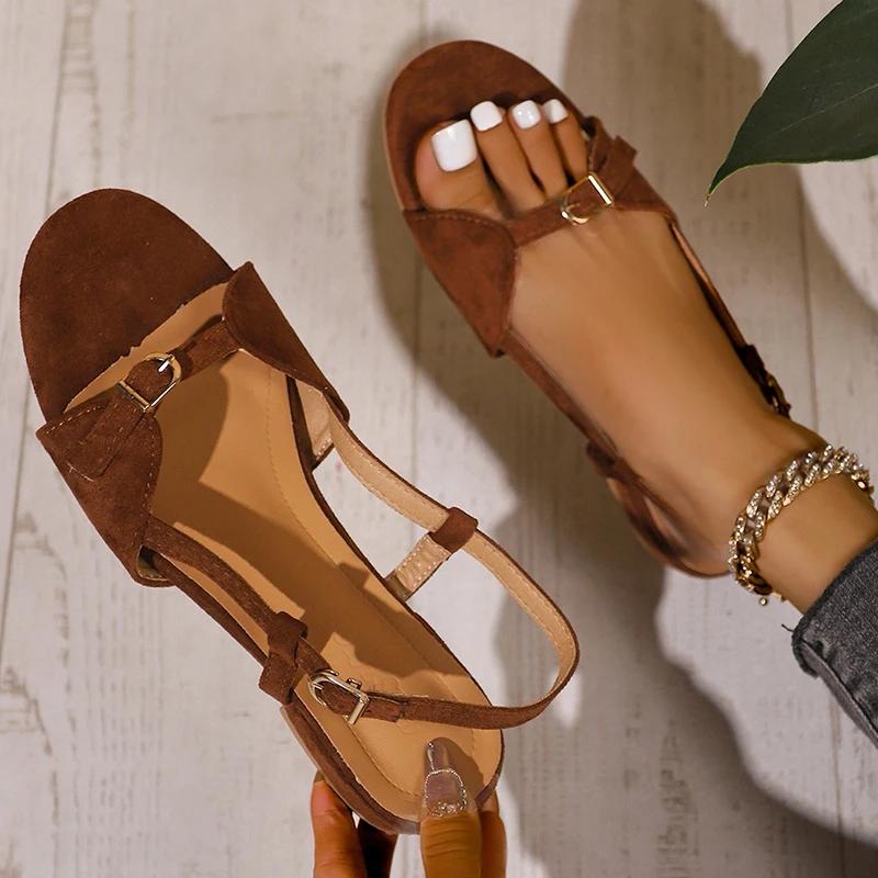Fashion Buckle Design Open Toe Brown Sandal Women Fashion Square Sole Med Heel Sandals Woman Office Ladies Back Strap Sandalias Mujer