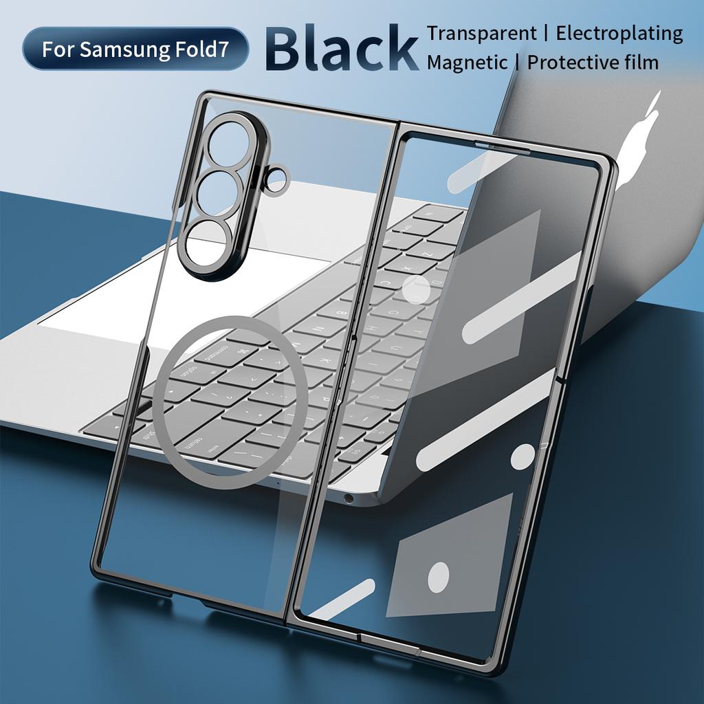 Magnetic Clear Transparent PC+TPU Phone Case for Galaxy Z Fold 7/6/5/4 with Glass Film Protector Shockproof Back Cover
