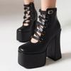 FOREADA Women Pu Leather Pumps Platform Super High Hoof Heels Round Toe Gladiator Zipper Punk Style Spring Autumn Shoes Black