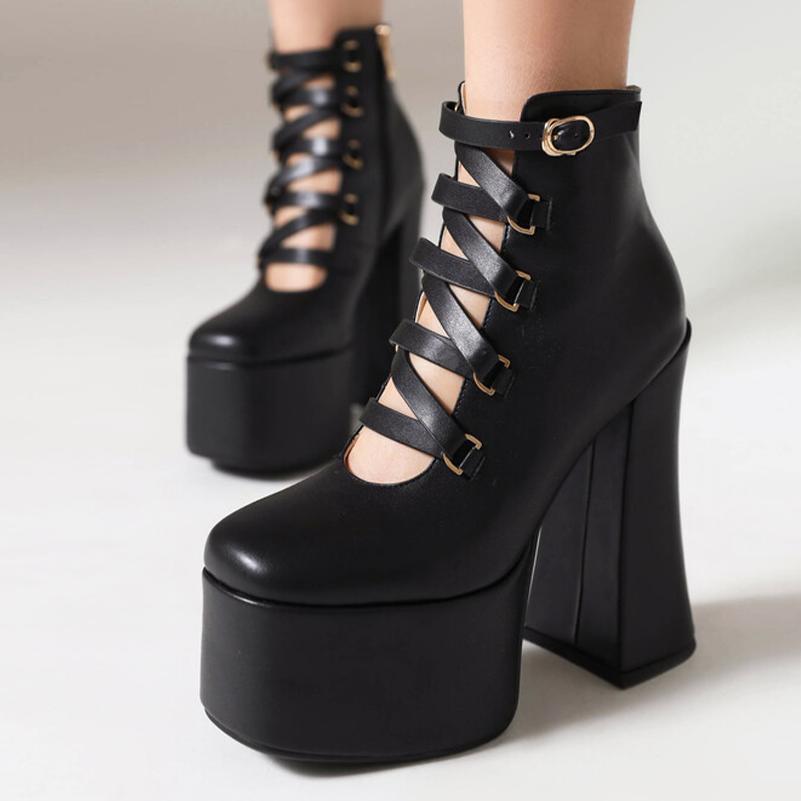 FOREADA Women Pu Leather Pumps Platform Super High Hoof Heels Round Toe Gladiator Zipper Punk Style Spring Autumn Shoes Black