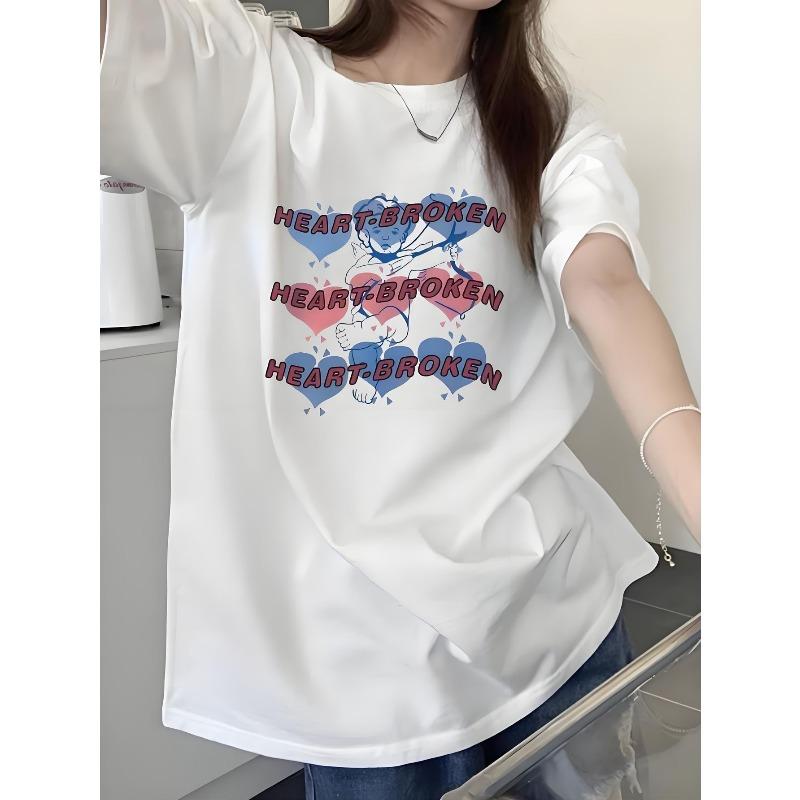 Women s Oversized Korean- Inspired Heartbreak Letter Print T-Shirt - White Casual Streetwear Top with Angel Wings & Broken Heart Graphic, Korean S белый
