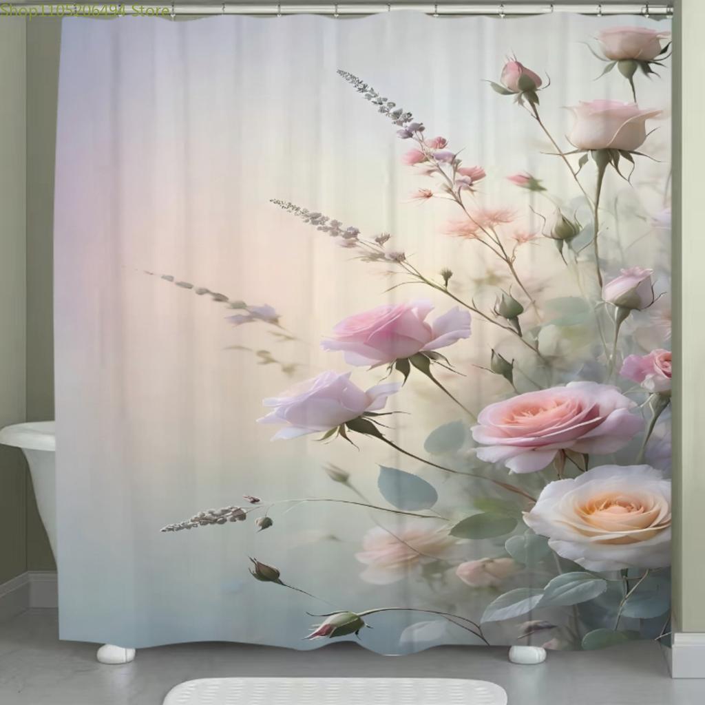1 Stück Weiche Pastellrosa Florale Polyester Duschvorhang - Waschbar, Aufhängen ohne Bohren, Maschinenwaschbare Badezimmerdeko mit Lebhaftem Pi