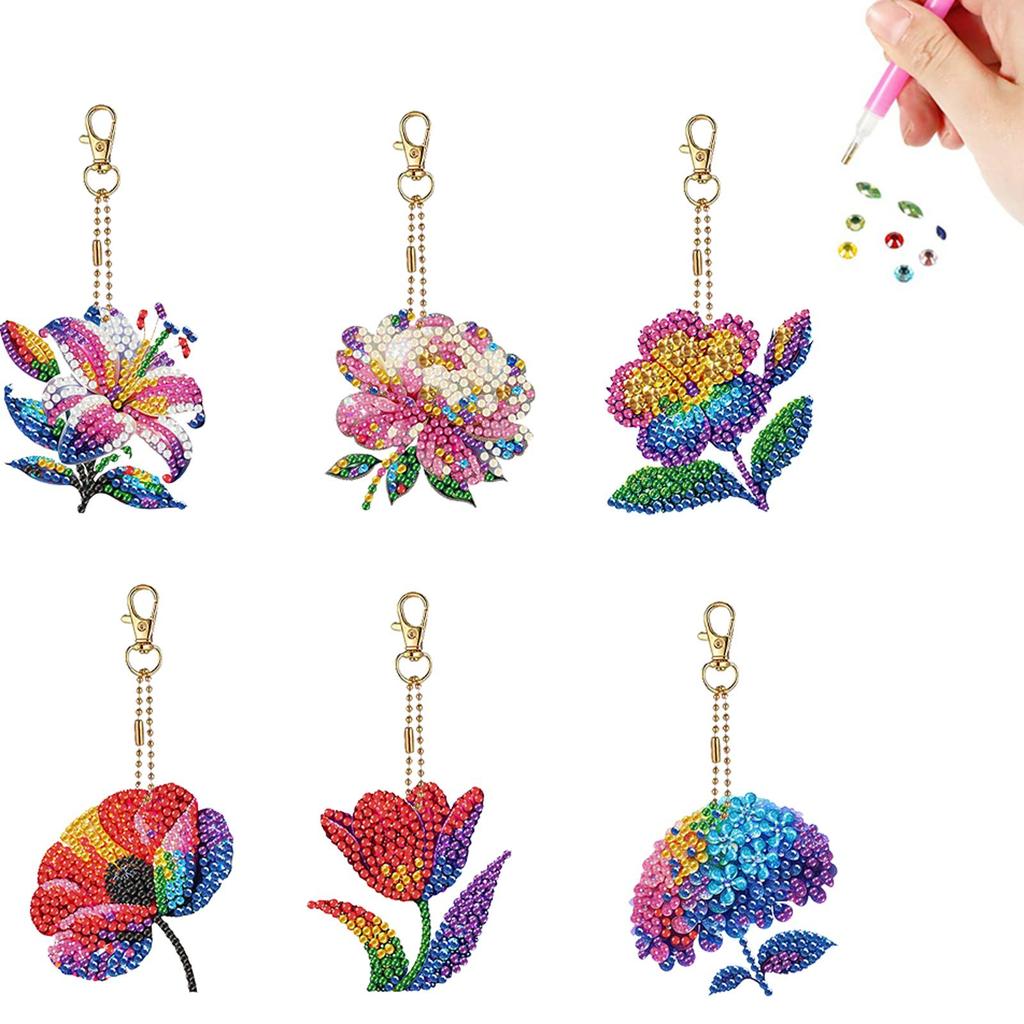 6pcs 2D Flat DIY Diamond Painting Keychain Diamond Art Kits Diamond Art Keychains Small Crystal Painting Keyrings for Home Decor