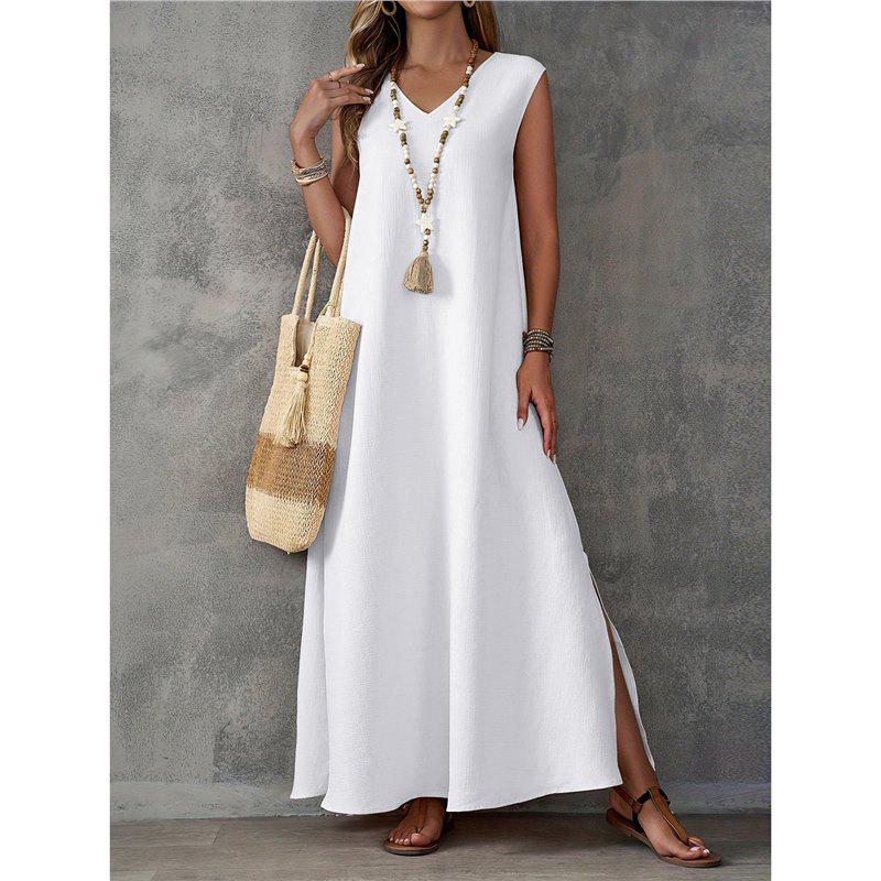 2025 Summer Sleeveless V-neck Maxi Dress - European & American Style, Elegant Long Dress with Side Slit for Women