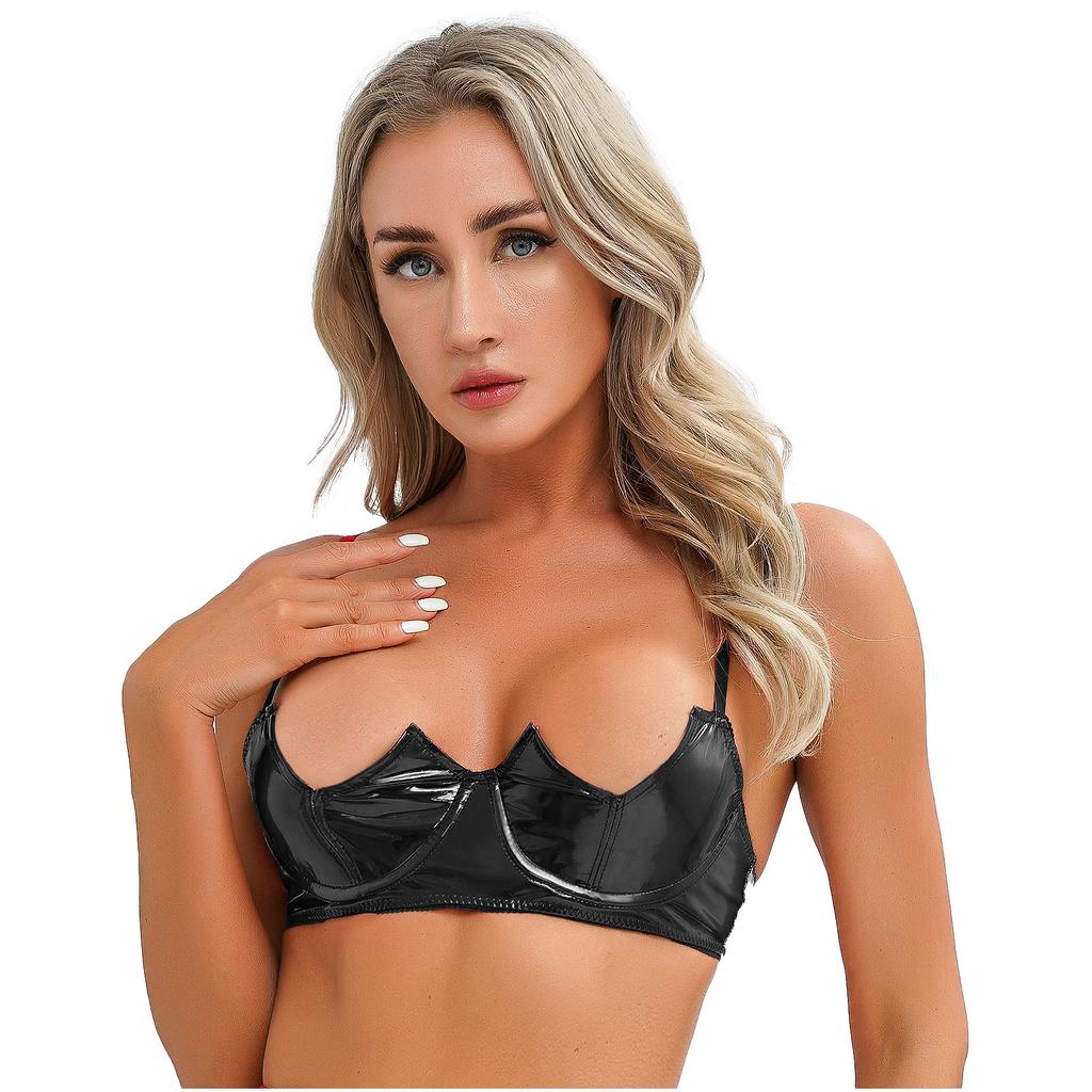 Womens V Notch Underwired Bra Wet Look Patent Leather Adjustable Spaghetti Strap Brassiere Top