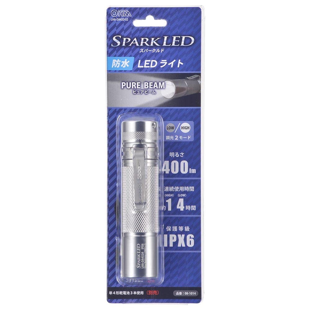 OHM Electric Waterproof Flashlight with Sparkled Pure 400 ANSI Aluminum Body LHA-DA432-S2 Beam, Lumens, Dimmable, IPX6, Compliant, (Product Code