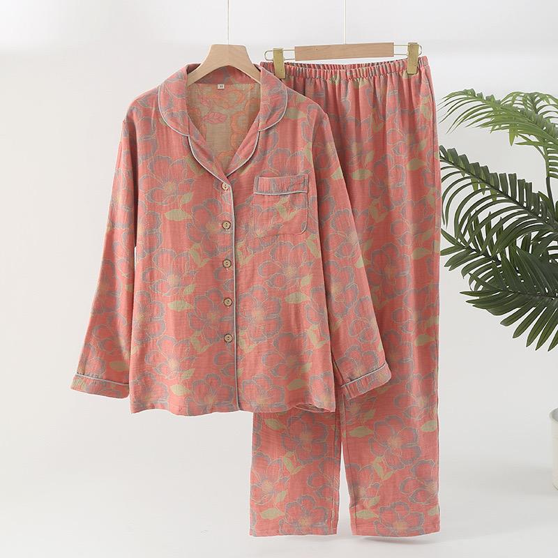 Cotton Winter Women Pajamas Long Sleeved Pants Women's Pajamas Suit Two Piece Set Home Clothes Flower Jacquard Sleepwear