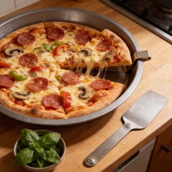 Non-Stick Round Stainless Steel Baking Pan 9-Inch Cake Mold with Metal Spatula Heat-Resistant Essential Kitchen Tool for Pizza Pie Cheesecake