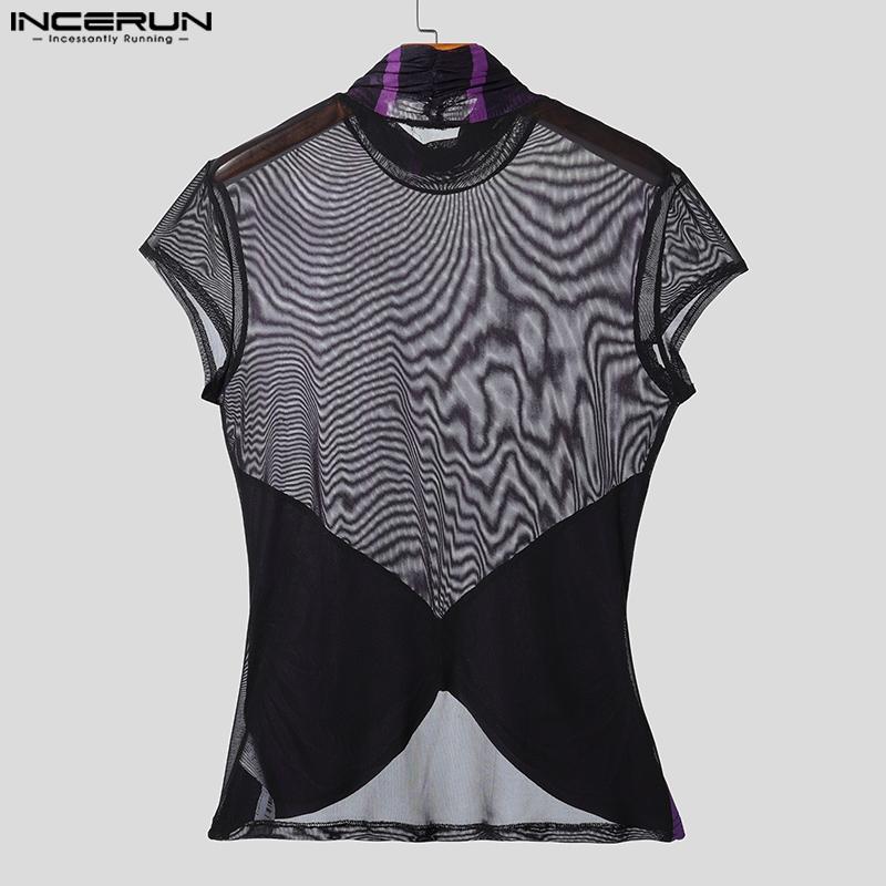 INCERUN Men High Neck Striped Mesh Sheer Stitching Irregular Party Club T-shirts Tops