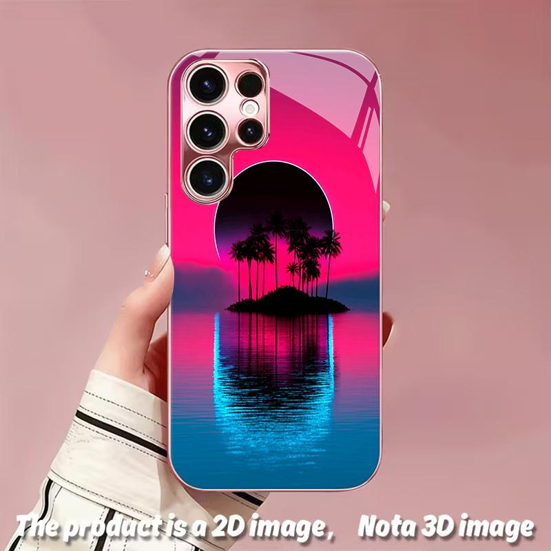2DFlat Samsung electroplated tempered glass phone case,Neon Sunset IslandSuitable for Galaxy S26 S23 S24FE S25ULTRA S22 S21