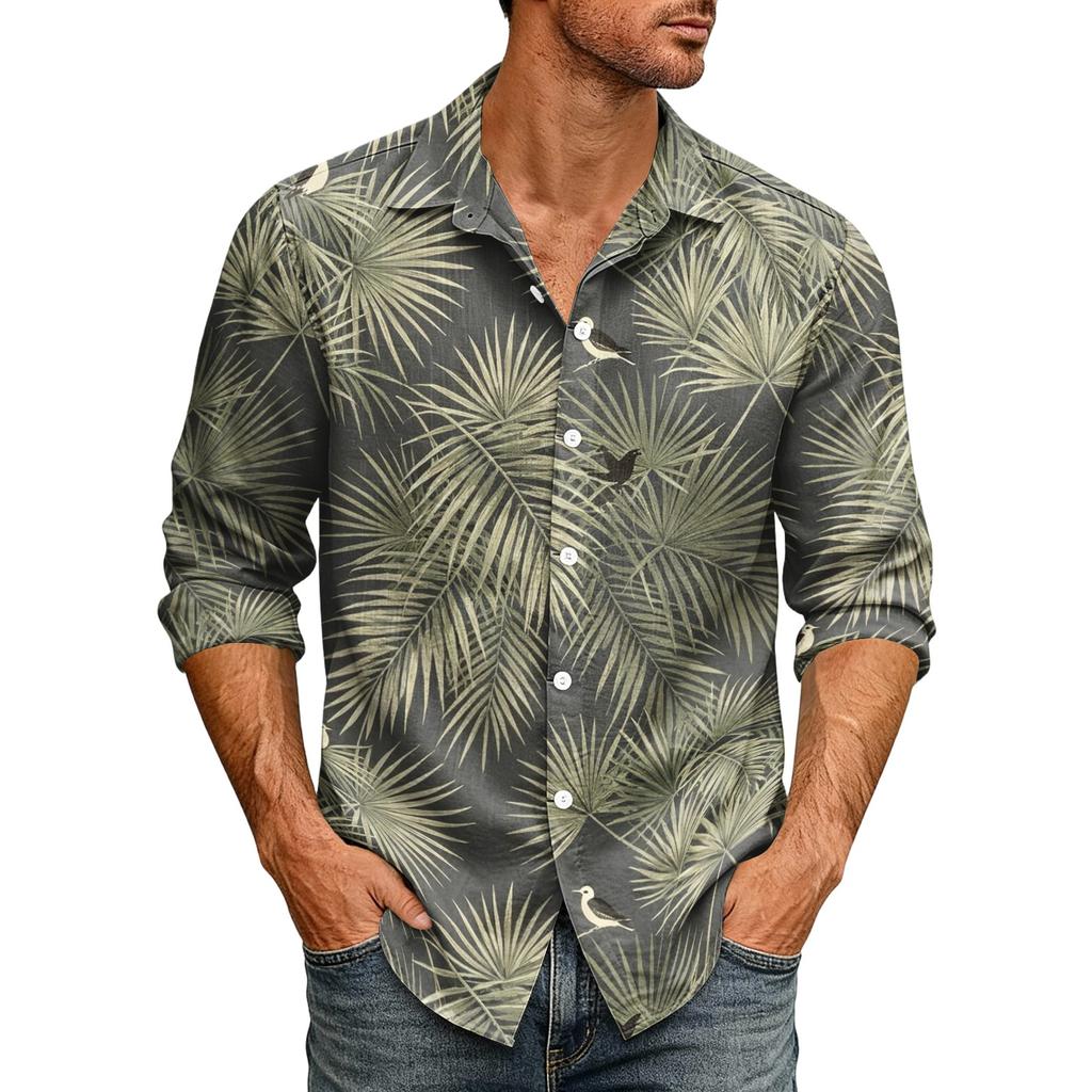 Men's Loose Fit Long Sleeve Shirt Hawaiian Style Casual Button Down Shirt with Spread Collar Suitable for Spring and Autumn