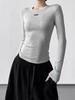 Women's Grey Round Neck Slim Fit Long T-Shirt - 2025 Autumn/Winter Collection