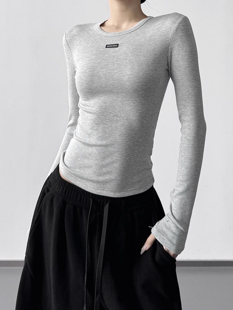 Women's Grey Round Neck Slim Fit Long T-Shirt - 2025 Autumn/Winter Collection