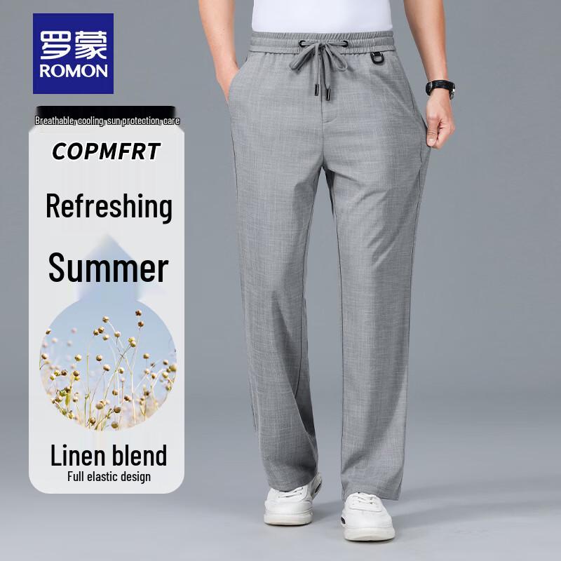 

Romon Men s Summer Linen Blend Straight-Leg Casual Trousers M