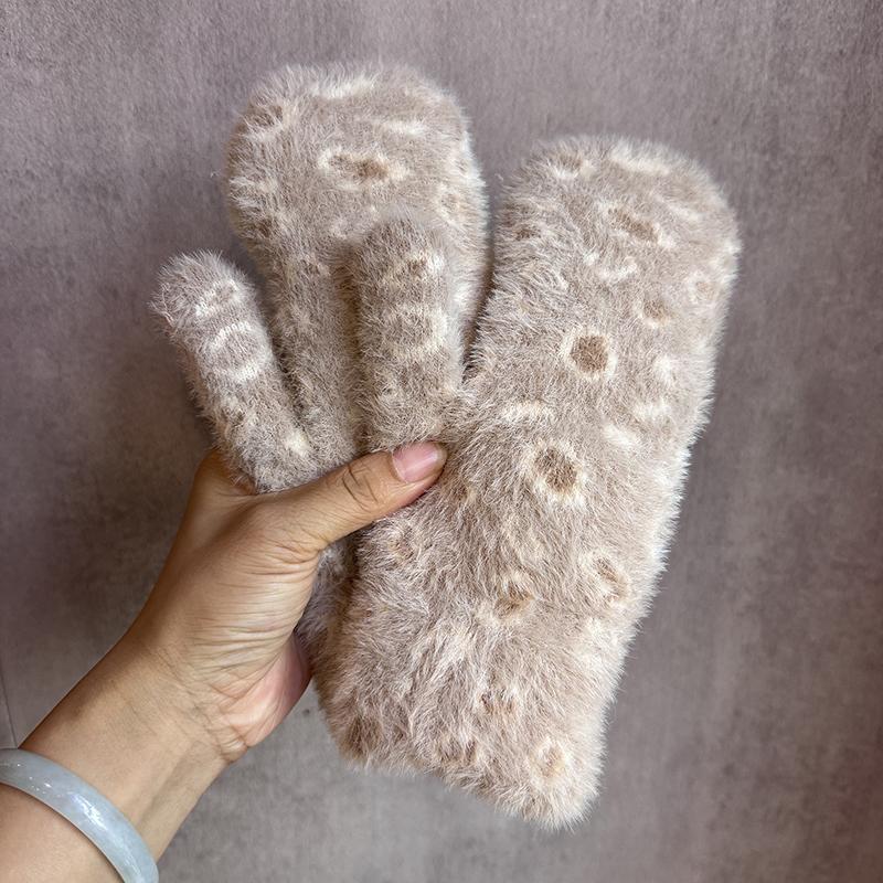 Leopard Print Plush Knitted Gloves Winter Warm Gloves Wool Cycling Glove