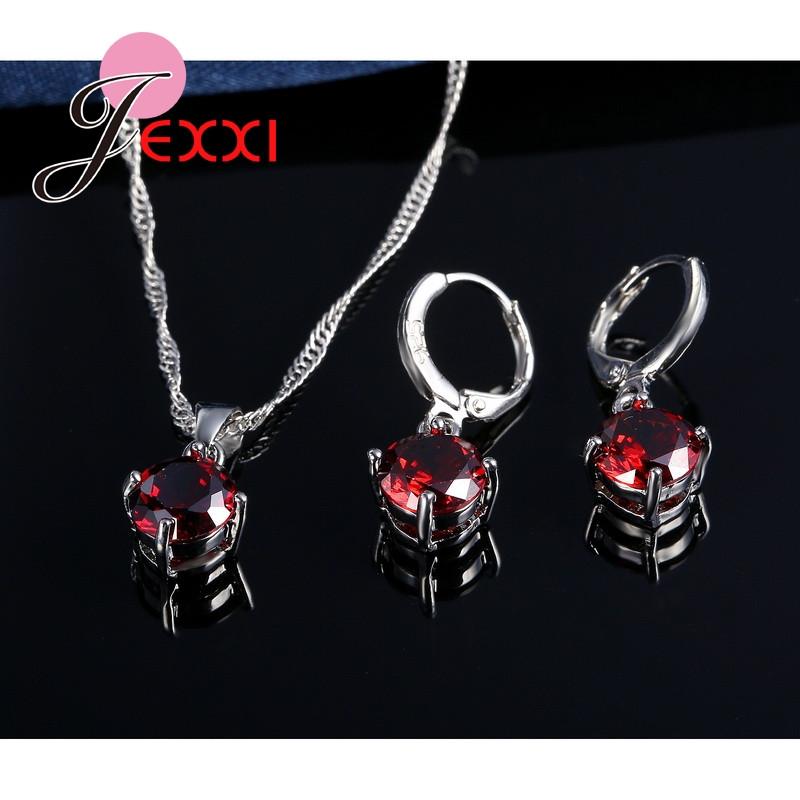 Hot Sale 8 Colors Shining Crystals 925 Sterling Silver Necklace Earrings Jewelry Sets Fashion Accessories Women Wedding