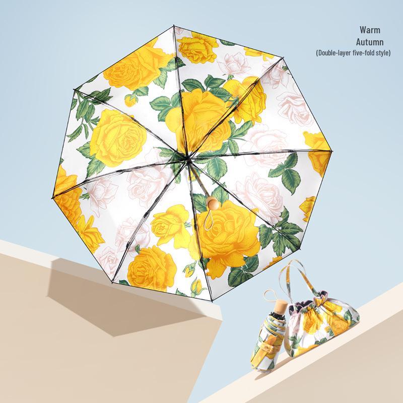 Women's UV-Protection Foldable Sun Umbrella - Compact, Portable, Manual, for Rain or Shine with Black Glue Coating.