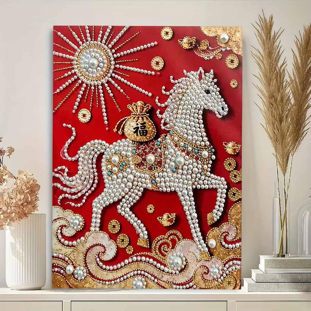 Crystal Pearl Painting 5D DIY Frame Decoration Painting White Horse Home Wall Decoration Transparent Pearl Gemstone Painting Picture Art Crafts