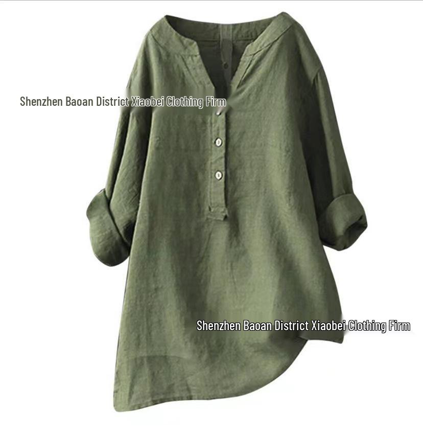 Europäisches und amerikanisches Damen-Top aus Baumwolle und Leinen, locker geschnitten, einfarbig, Modell 2021