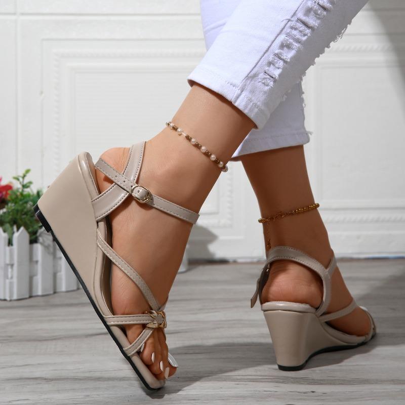 2025 Spring and Autumn New Women's Sexy Wedge Sandals Low Heel Thick Sole Buckle Shoes High Heel PU Wedge Shoes