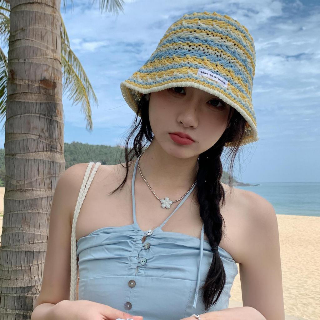 Ladies' BucketHat Korean Knitted Striped Verstaile Hollow Breathable Bucket Hat Beach Vacation Sunscreen Sunshade Hats For Girl