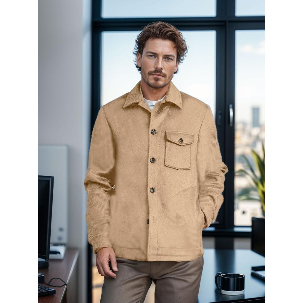 2024 Autumn and Winter New Men's Multi-pocket Woolen Coat Single-breasted Solid Color Woolen Coat Trench Coat