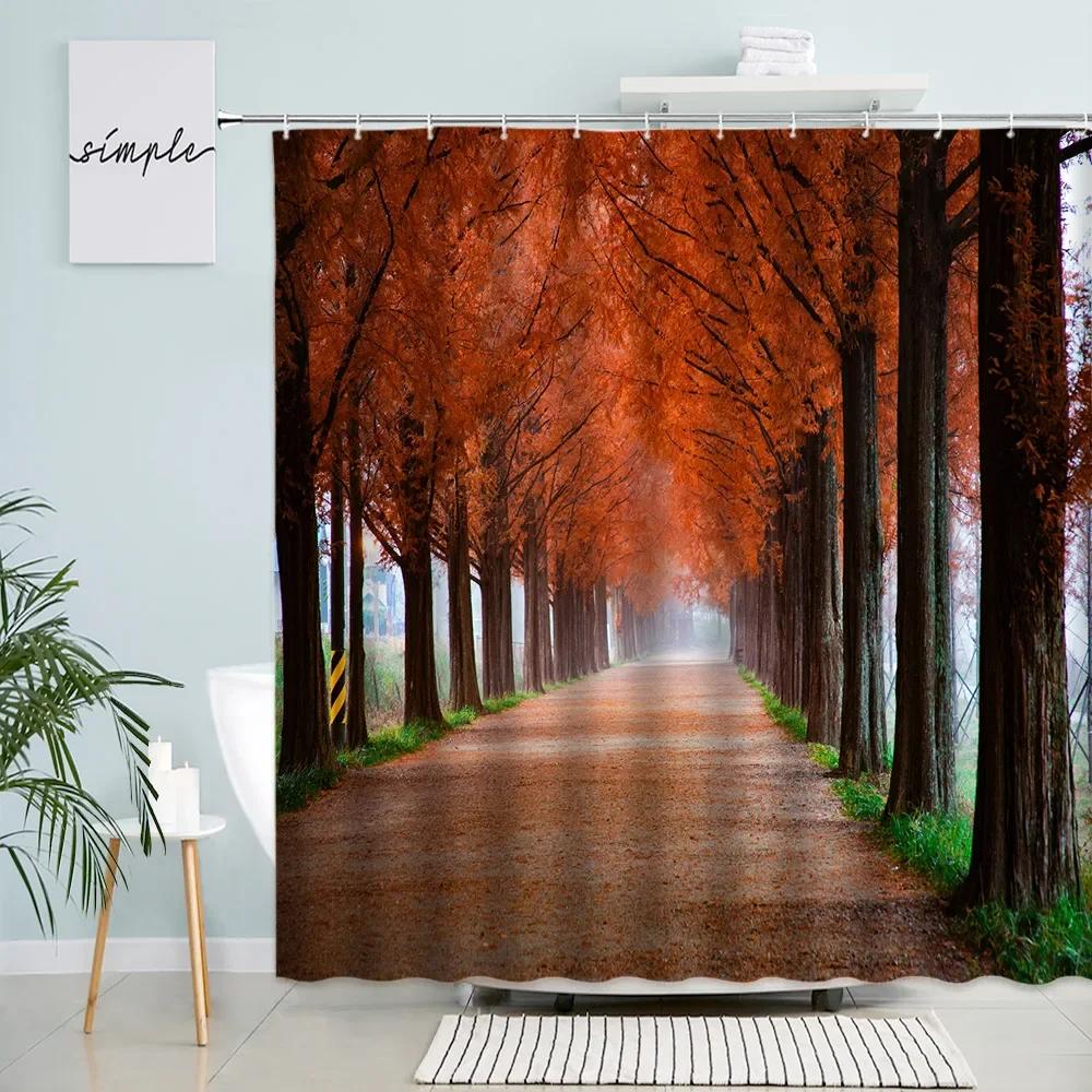 Blooming Pink Gray Forest Flowers Shower Curtain Cherry Blossoms Park Spring Floral Trees Road Landscape Scenic Bathroom Decor