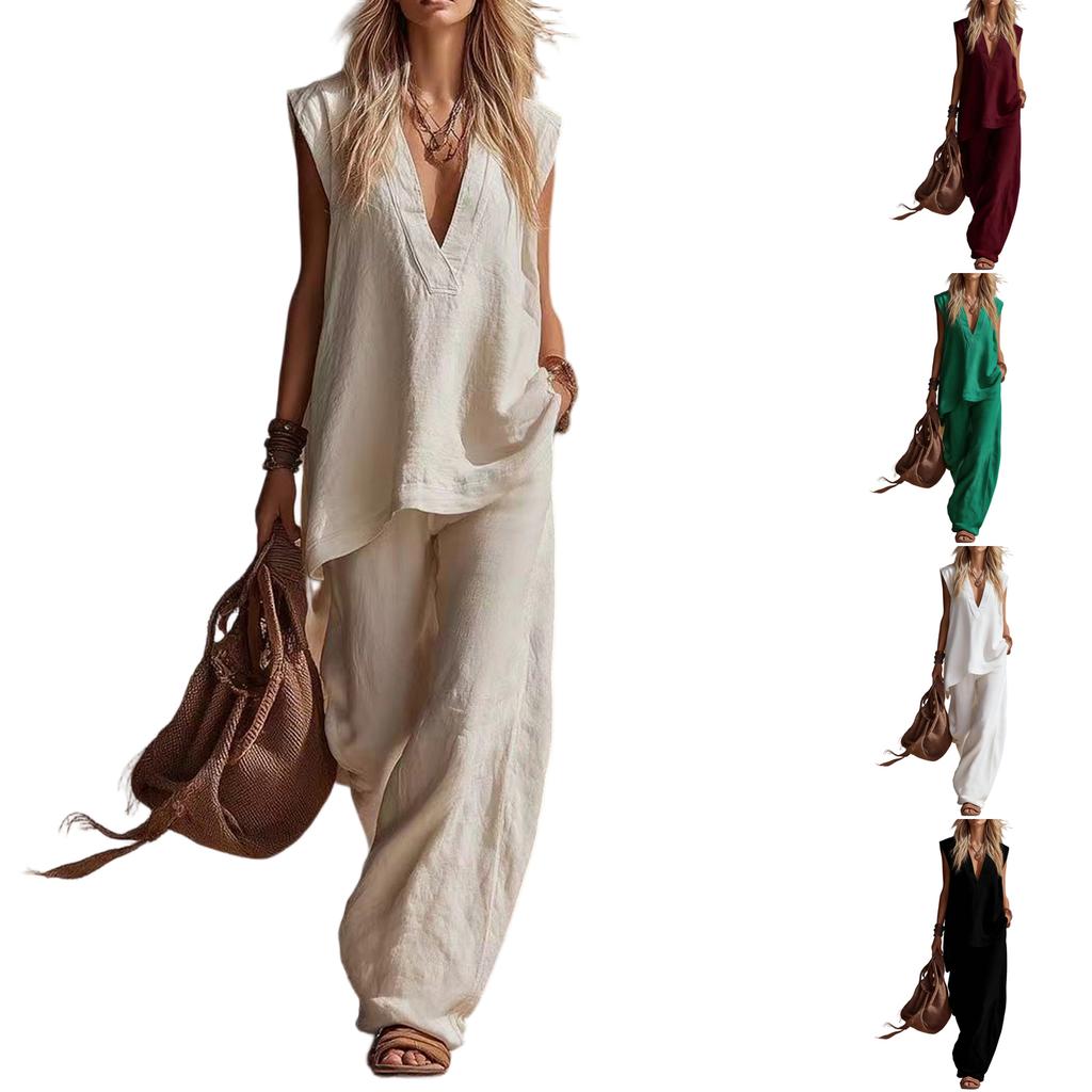 Women's Casual Sleeveless Vest V-neck Top And Pants Set