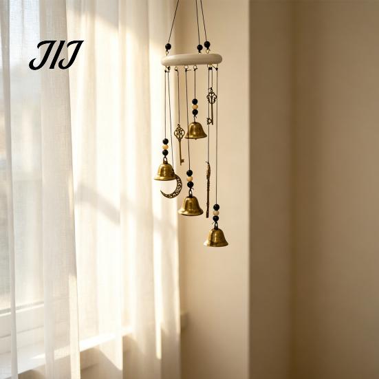 Crescent Moon Star Wall Art Witch Bell Wind Chime with Keys, Vintage Outside Hanging Chime, Small Metal Pendant Handmade Decorative for Patio,