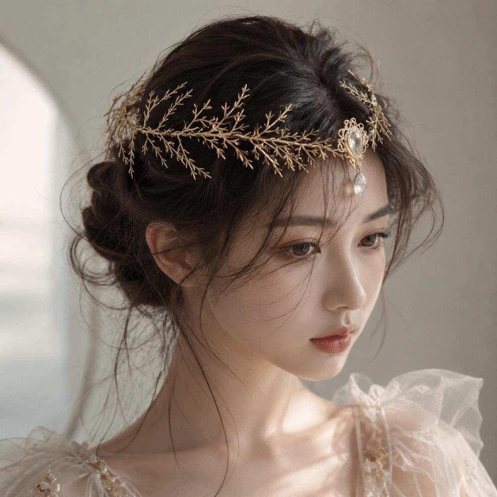 Renaissance Bridal Forehead Chain Green Gemstone Branch Leaf Headpiece Outdoor Photo Prop
