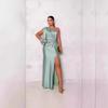 One Shoulder Bell Sleeve Twisted Knot Front Slit Maxi Dress Navy Blue