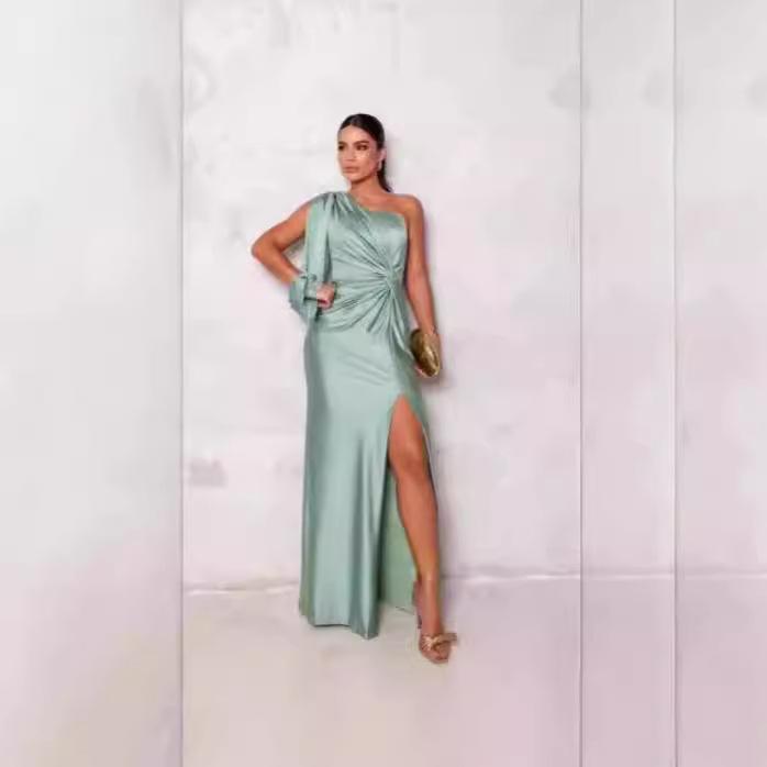 One Shoulder Bell Sleeve Twisted Knot Front Slit Maxi Dress Navy Blue