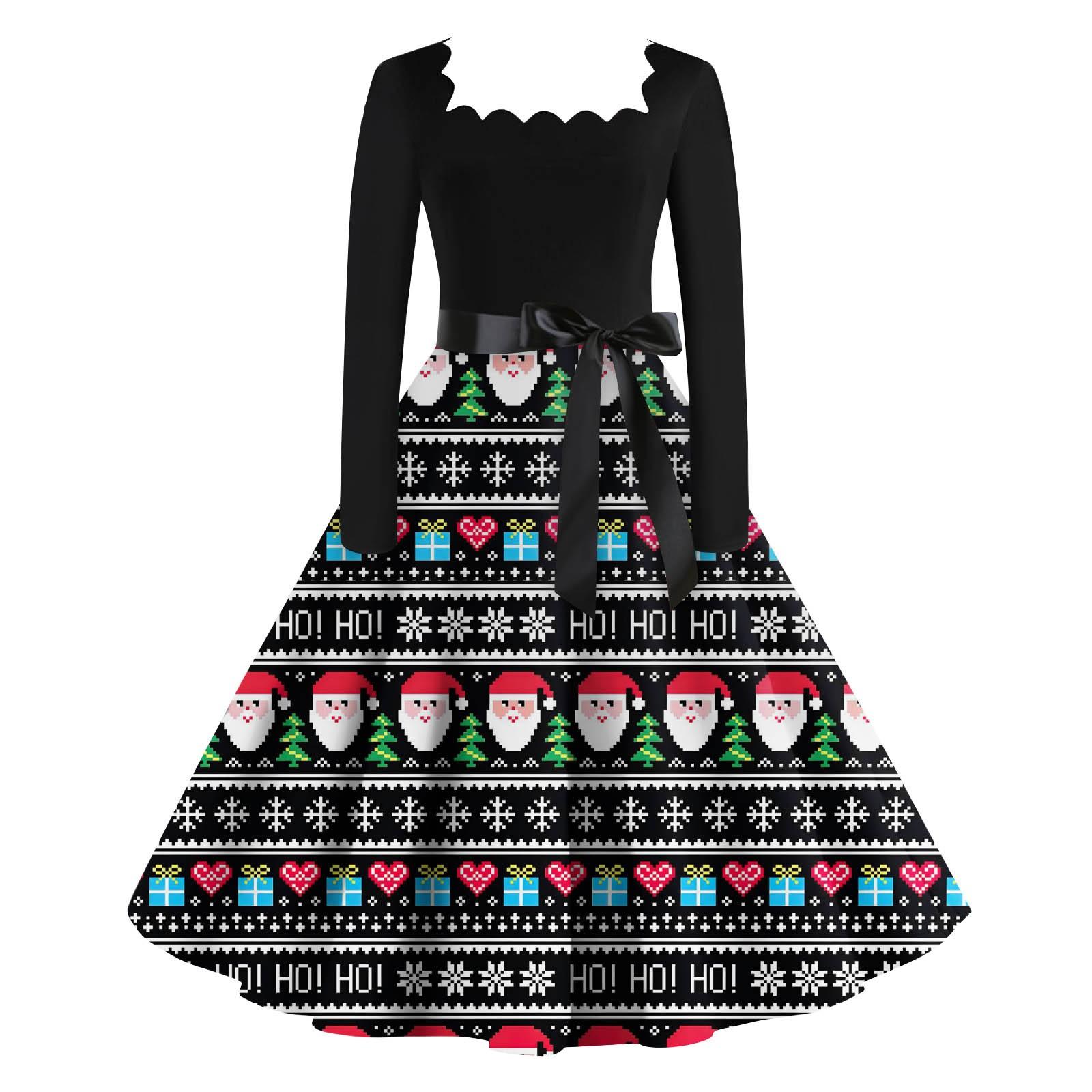 

Женские повседневные модные длинные платья с рождественским графическим принтом и длинными рукавами в винтажном стиле XXXXL чёрный