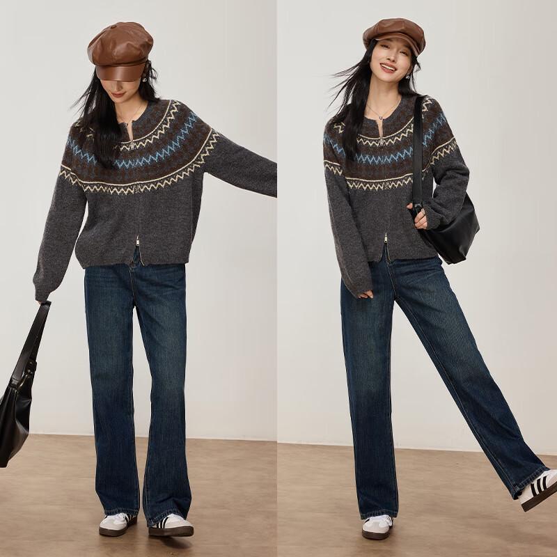 VICTORIA&VERA Women's Winter Fair Isle Retro Round Neck Knit Sweater with Double Zipper