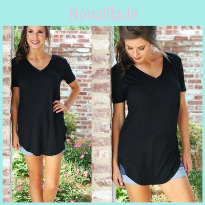 Stylish Women's Short Sleeve V-neck Hem Loose Casual Tee T-shirt For Summer Days