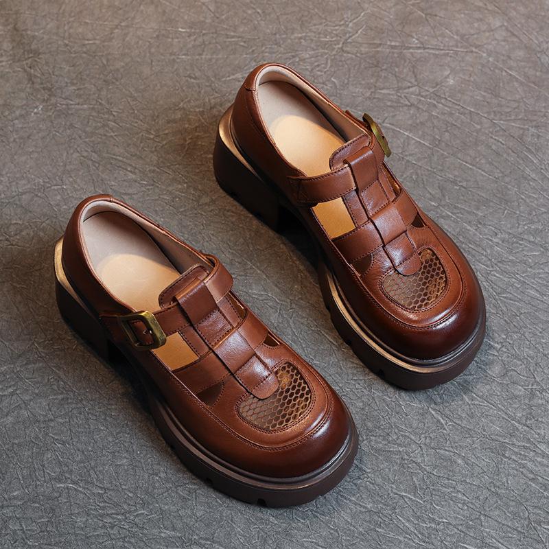 

Женские летние сандалии из коровьей кожи первого слоя 2025 года, новые, полые, на высокой платформе, повседневные, дышащие, на толстой подошве, туфли-маффины, женская обувь 40 коричневый