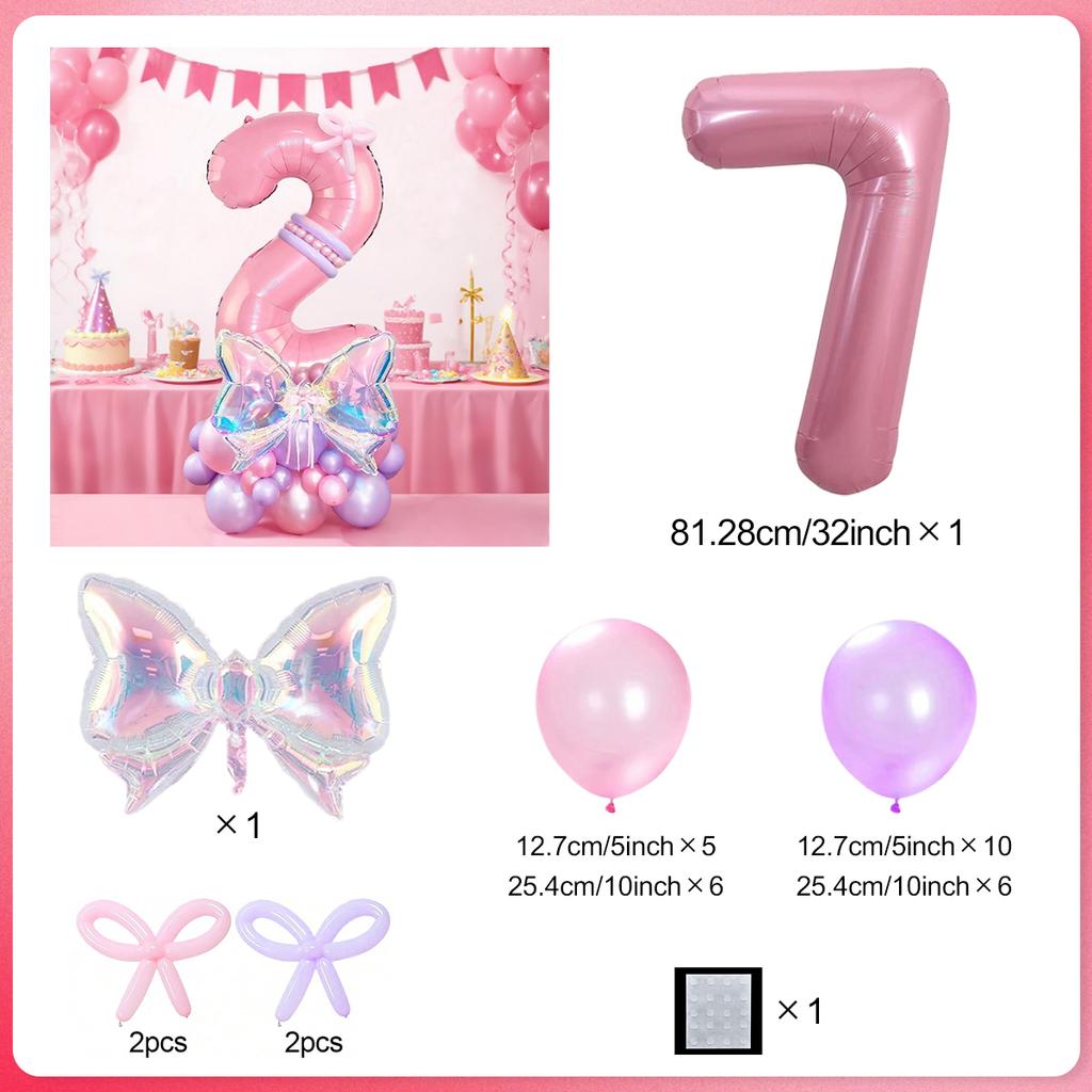Rainbow Transparent Colorful Bow Balloon Set with 32 inch Pink Digital Balloon 0-9 for Anniversary Birthday Party Decoration