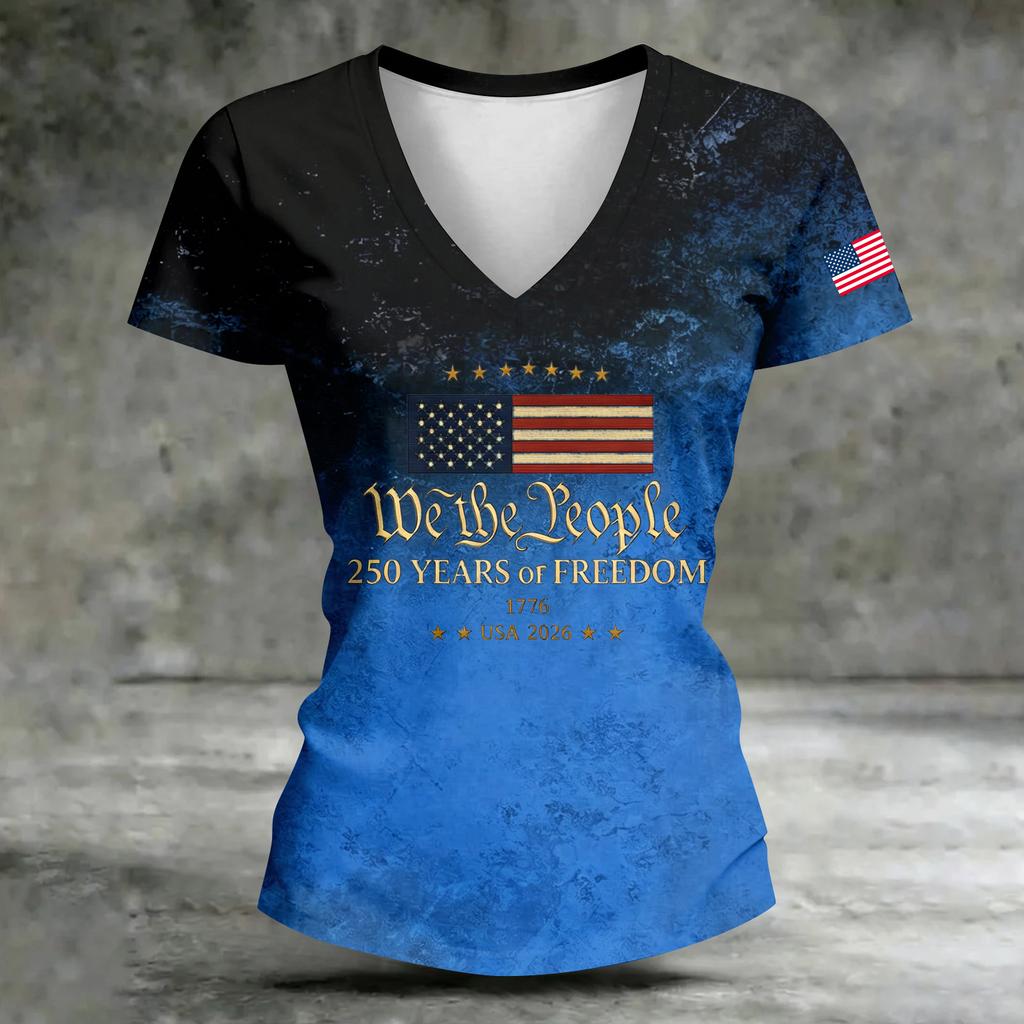 Women's V-Neck Short Sleeve T-Shirt - Anniversary 1776-2026 Letter Print, Casual Summer Top Tee