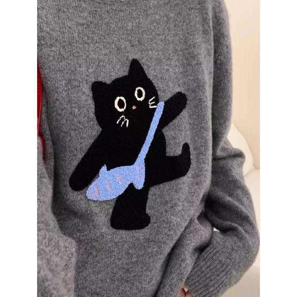 2025 Korean Cute Cat Knit Pullover - Women's Versatile Round Neck Sweater for Autumn/Winter