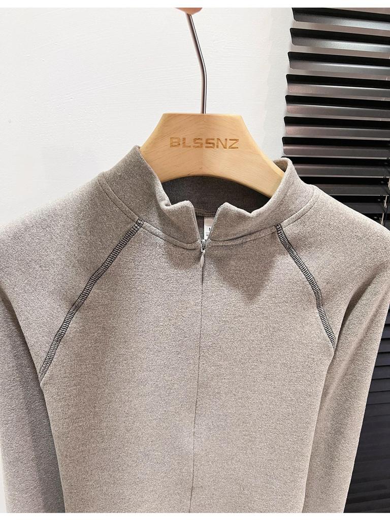 Dual-Sided German Velvet Zipper Long Sleeve Women's Top, 2025 Autumn/Winter High Collar, Plus Velvet Warm Base Layer Shirt