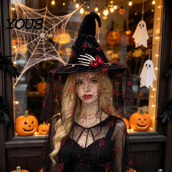Decorative Seasonal Accessories Punk Skeleton Hand Witch Hat with Spider And Veil, Black Large Reusable Holiday Ornaments Wizard Costume Accessory for