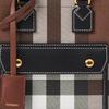 Burberry Freya Adjustable Shoulder Strap Button Closure Check Pattern Leather Tote Bag Women Tote Bags Deep-Walnut-Brown 80696611