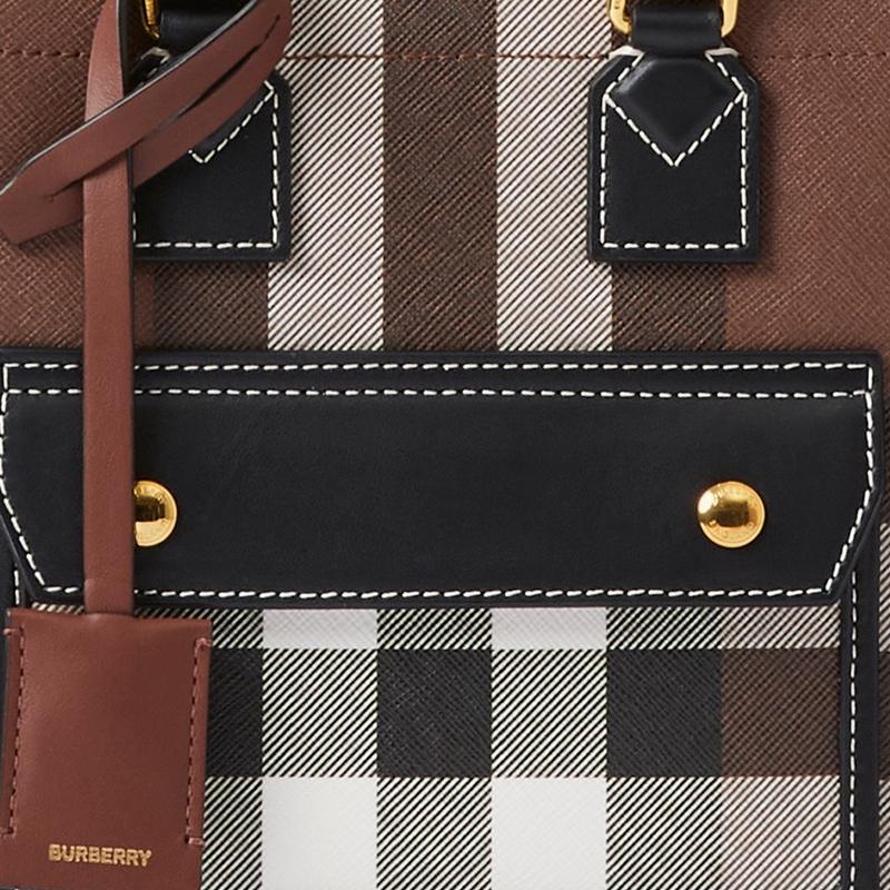 Burberry Freya Adjustable Shoulder Strap Button Closure Check Pattern Leather Tote Bag Women Tote Bags Deep-Walnut-Brown 80696611