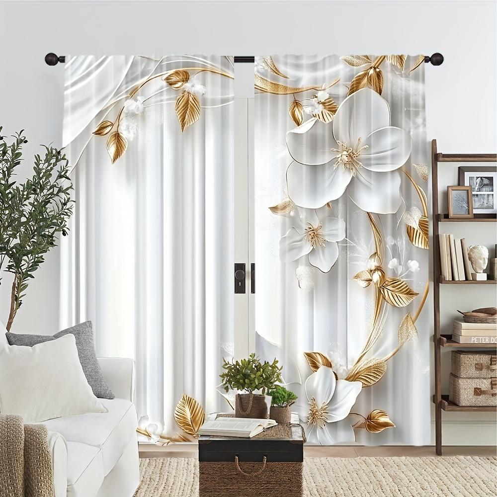 2pcs Elegant White Floral Print Sheer Polyester Curtains with Gold Accents & Rod Pocket  for Bedroom   Living Room   Kitchen & More