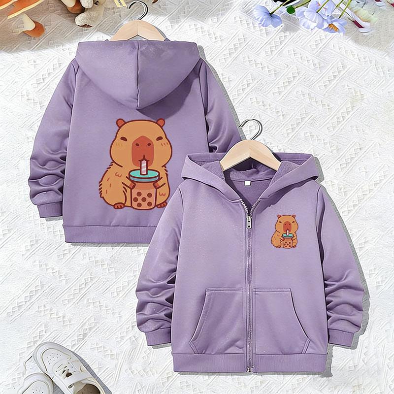 Sudadera con capucha y cremallera con estampado de letras de capibara para niños y niñas, Otoño Primavera, Sudaderas de dibujos animados de animales de moda con cremallera para niños