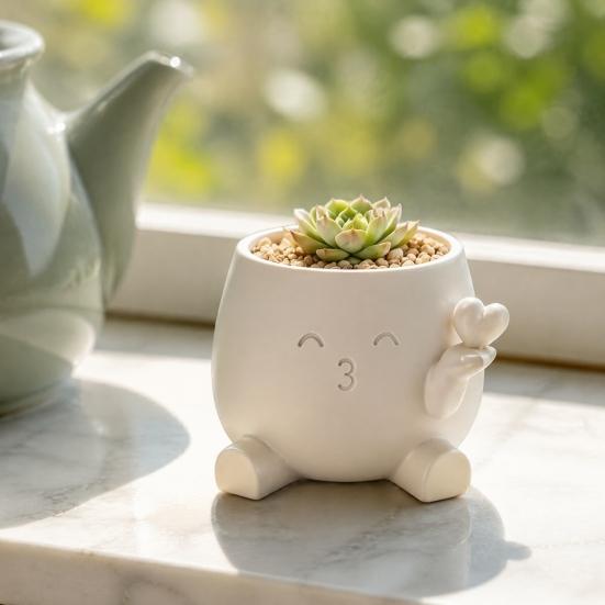 Small Indoor Plant Container Cute Succulents Planter, 3D Printed Pot with Hand Holding Heart, Desktop Flower Resin for Home Office Desk Decor